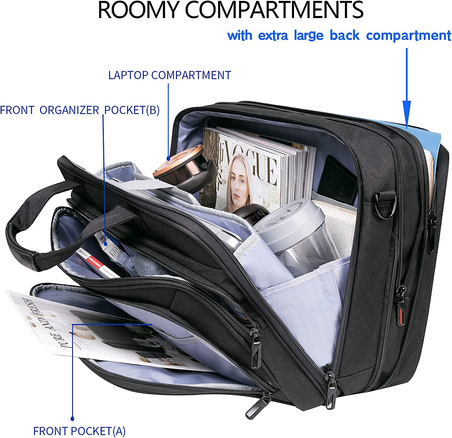 VANKEAN Laptop Briefcase for Men Women, Fits Up to 17.3 Inch Laptop Expandable Premium Laptop Shoulder Bag Water-Repellent Messenger Bag Computer Bag for Travel/Business/School-Black - Image 4